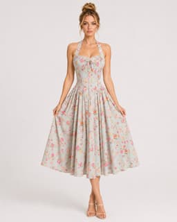 Women's Floral Halter Midi Dress – Sweetheart Neck Ruched Tie Front Lace Trim Fitted Bodice Full A-Line Sundress