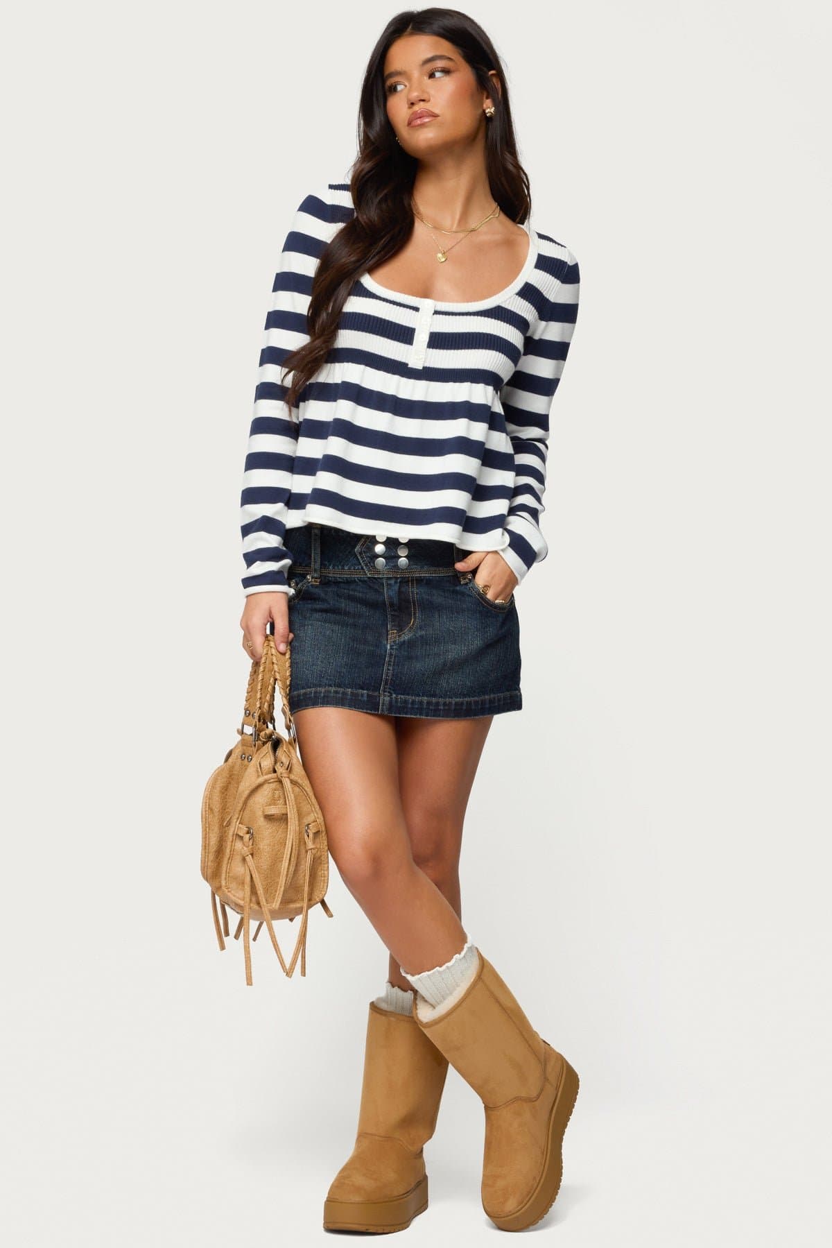 Lockie Striped Knit Babydoll Top - Long Sleeve Scoop Neck Rayon Polyester