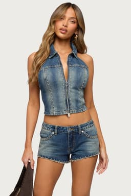 Gaya Backless Zip Up Denim Top - High Neckline, Stud Detail, 100% Cotton