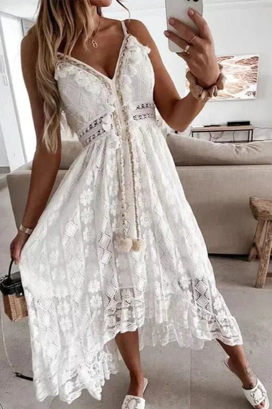 Summer New Lace Sling V-Neck Floral Mid-Calf A-Line Dress