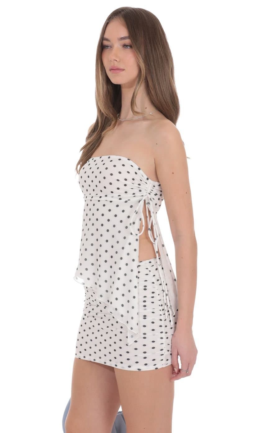 Polka Dot Mesh Strapless Two Piece Set in White