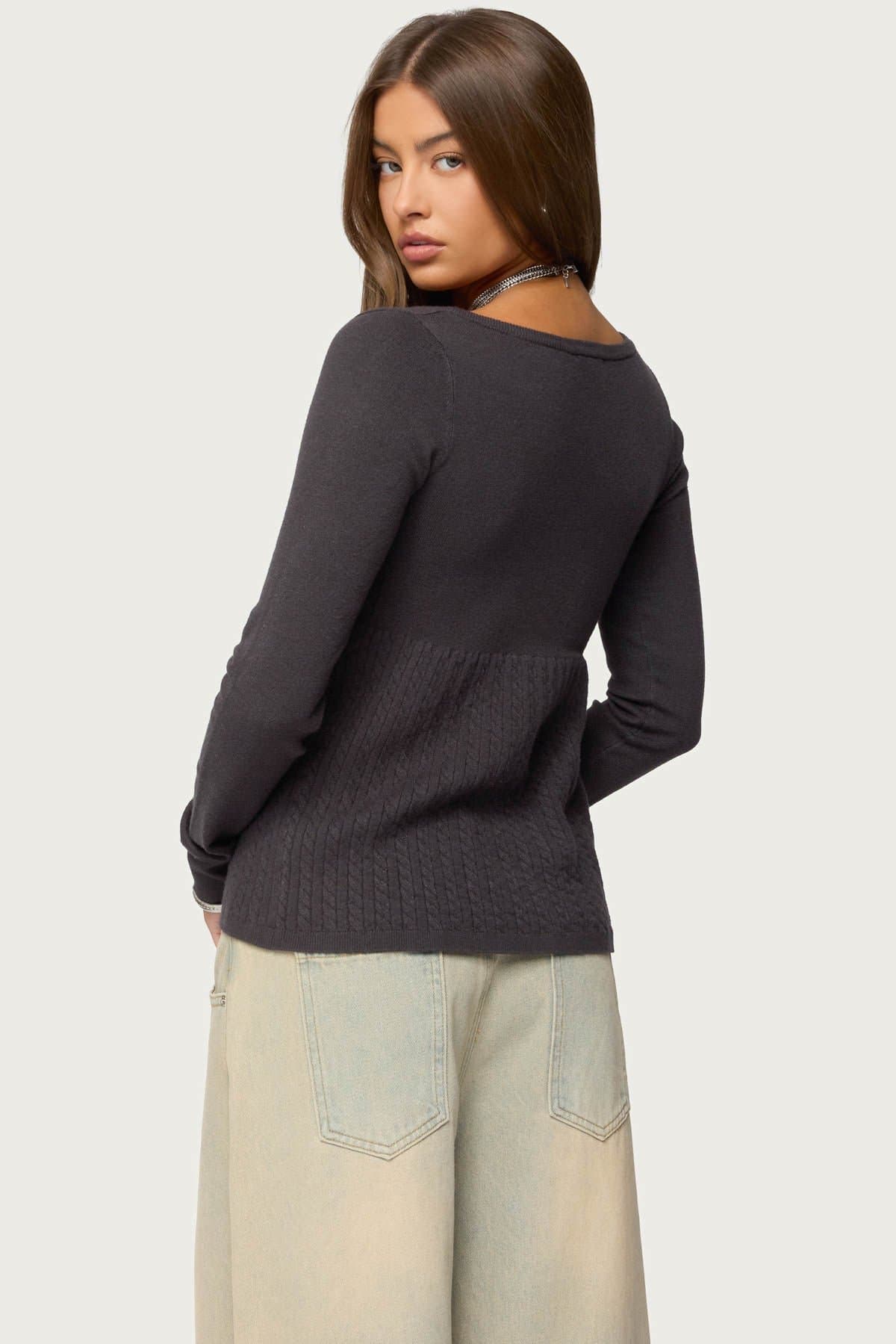 Jaylah Cable Knit Babydoll Top - Long Sleeve Scoop Neck Button Detail Small Medium Large