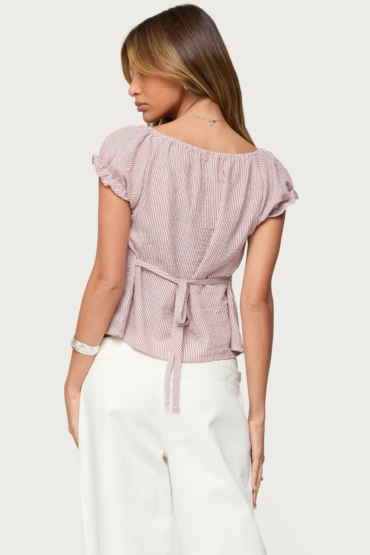 Rhory Pinstripe Babydoll Top - Short Puff Sleeves, Back Tie, Front Buttons, Polyester