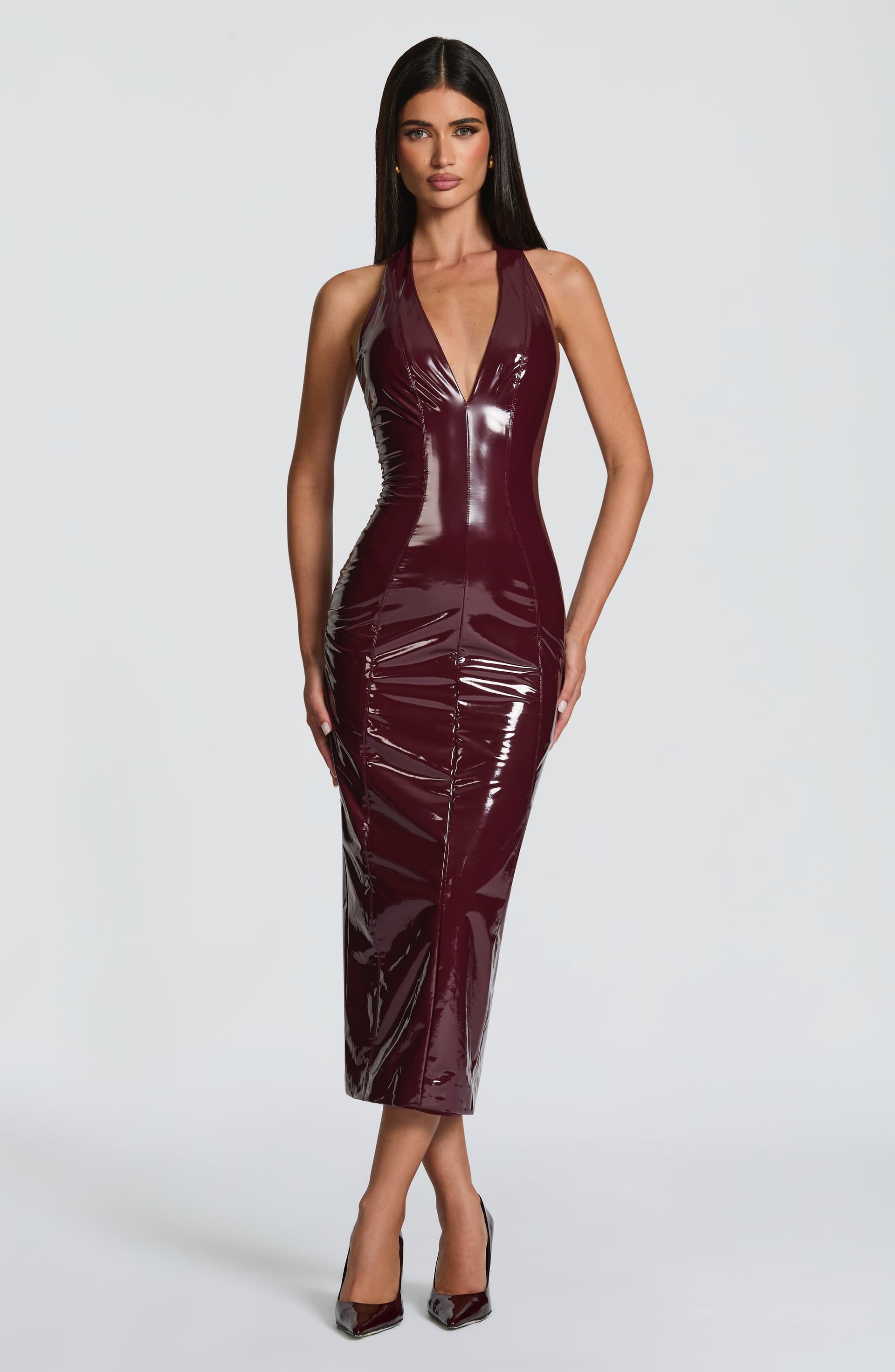 Violette Midi Dress in Cherry Lacquer - Premium Vinyl Stretch Plunge Halter