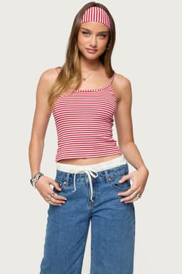 Two Piece Striped Headband Tank Top with Adjustable Straps Cotton Spandex