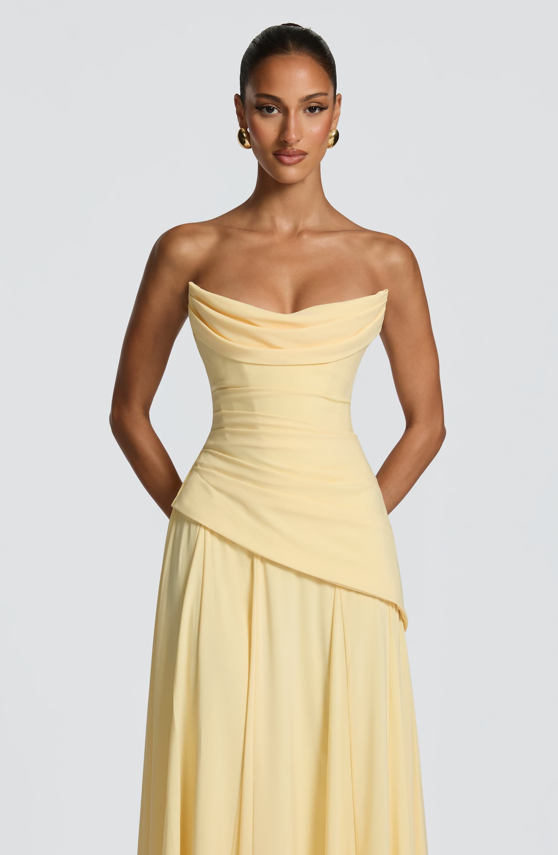 Patricia Lemon Chiffon Maxi Dress - Scooped Neckline, Lace-Up Back, Pleated Bodice