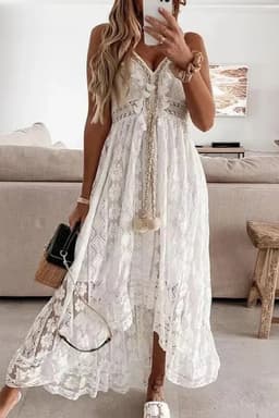 Summer New Lace Sling V-Neck Floral Mid-Calf A-Line Dress