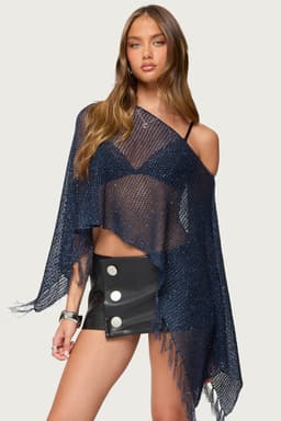 Sequin Fringe Knit Poncho - Boat Neckline, Open Knit Polyester