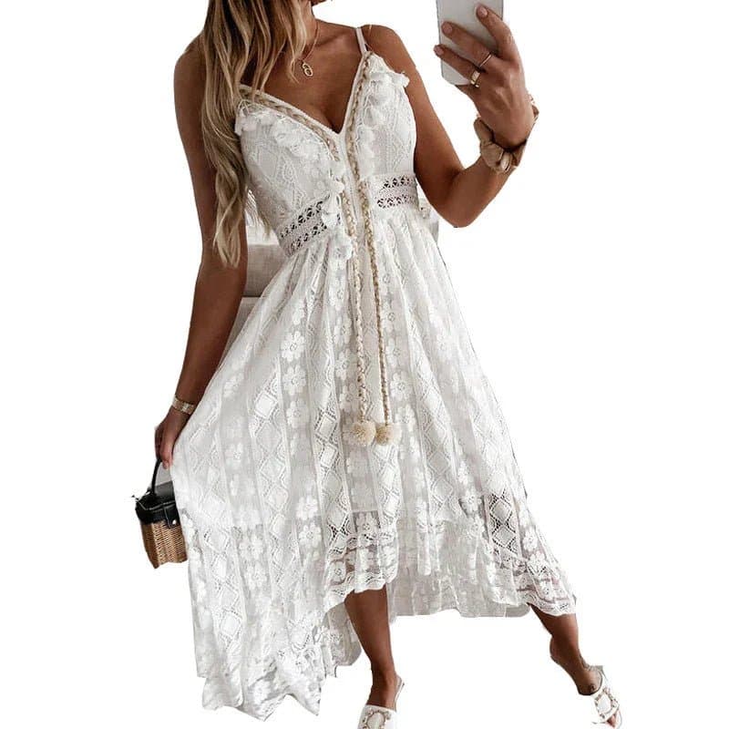 Summer New Lace Sling V-Neck Floral Mid-Calf A-Line Dress