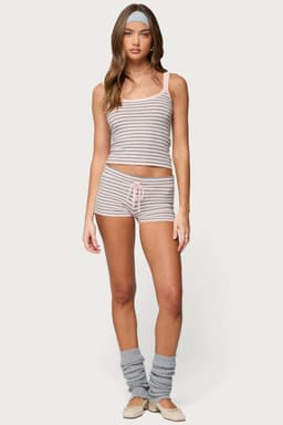 Lillian Striped Knit Shorts - Adjustable Tie Waist, Rayon Polyester Nylon