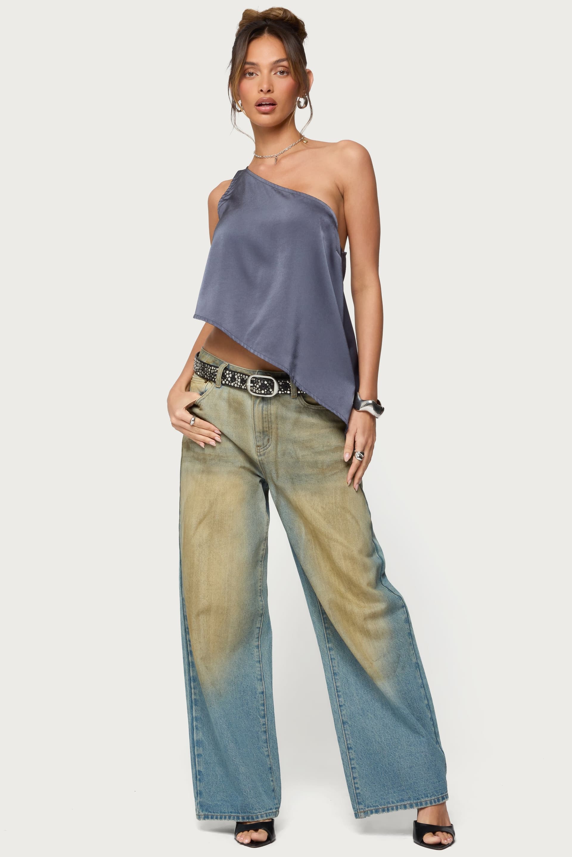 Asymmetric Satin Effect One Shoulder Top - Polyester Spandex