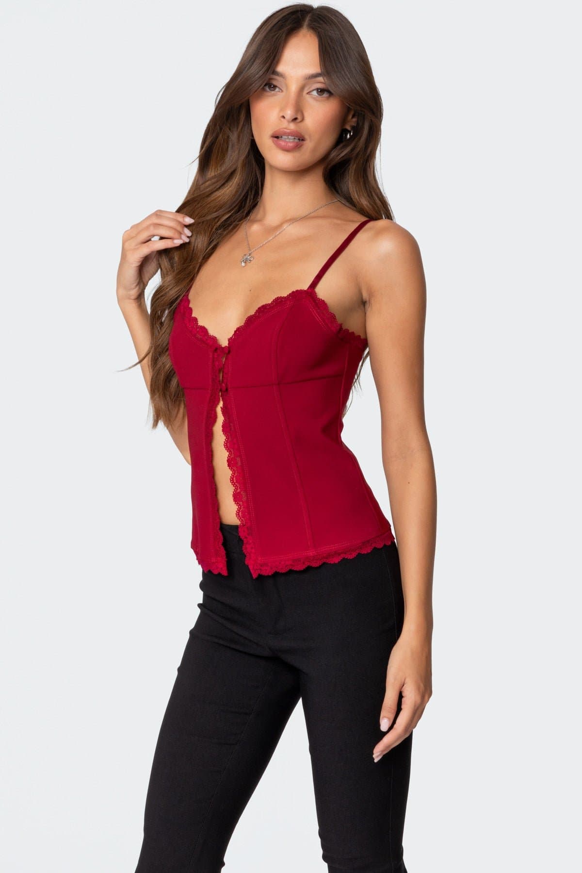 Crimson Lacey Split Front Top with Adjustable Straps and Lace Trim