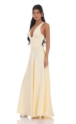 Satin Plunge Neck Corset Maxi Dress in Yellow