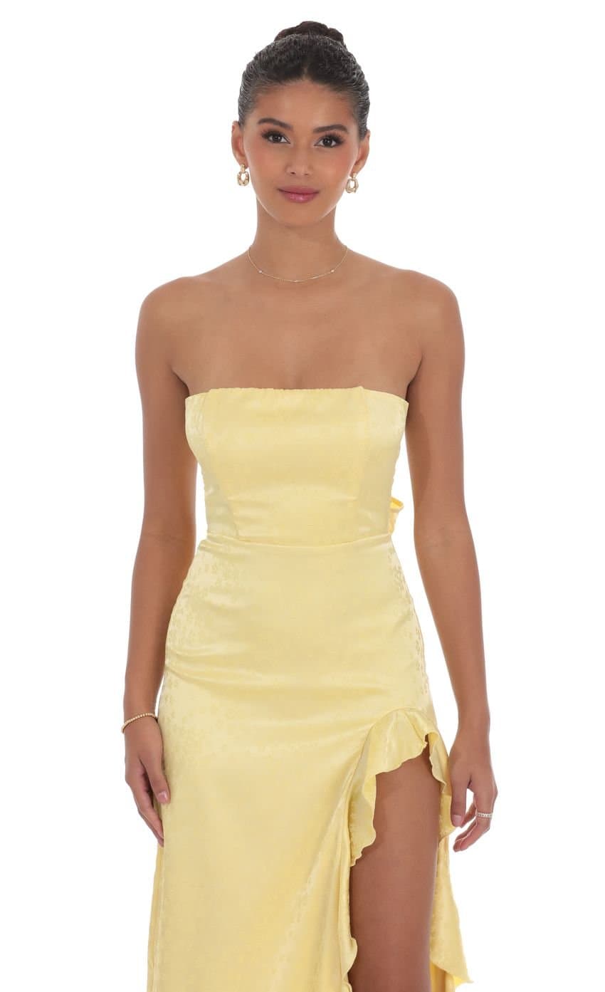 Satin Jacquard Back Bow Corset Maxi Dress in Yellow