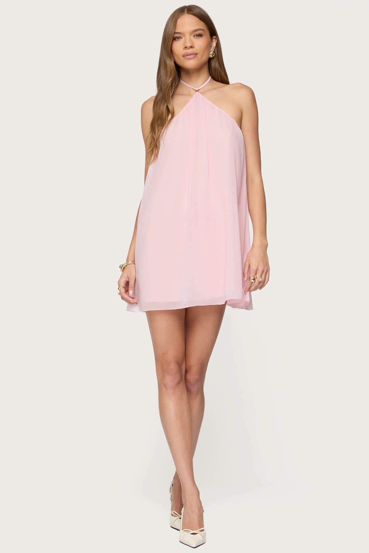 Emeline Backless Halter Mini Dress with Bead Detailing Polyester
