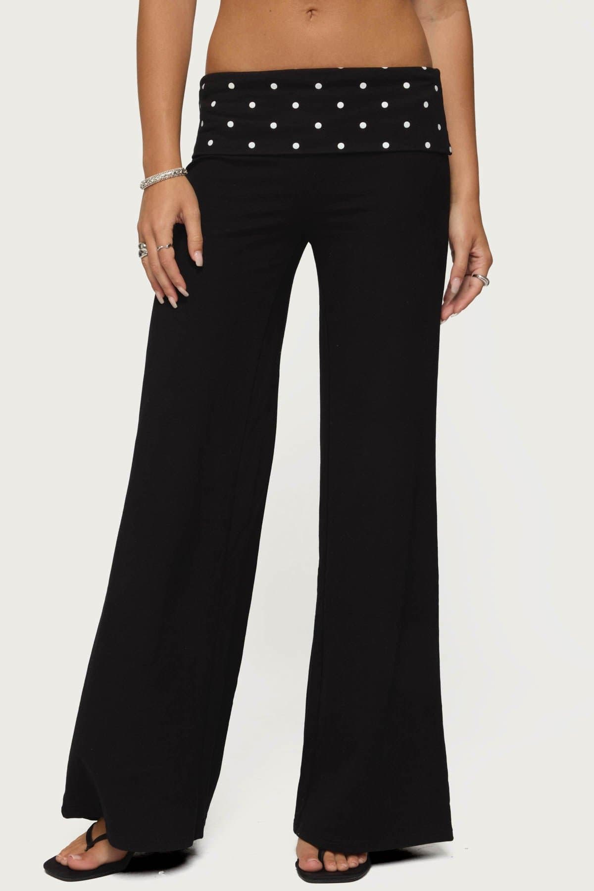 Reeva Polka Dot Foldover Wide Leg Pants - Cotton Spandex Size S Inseam 31.9in