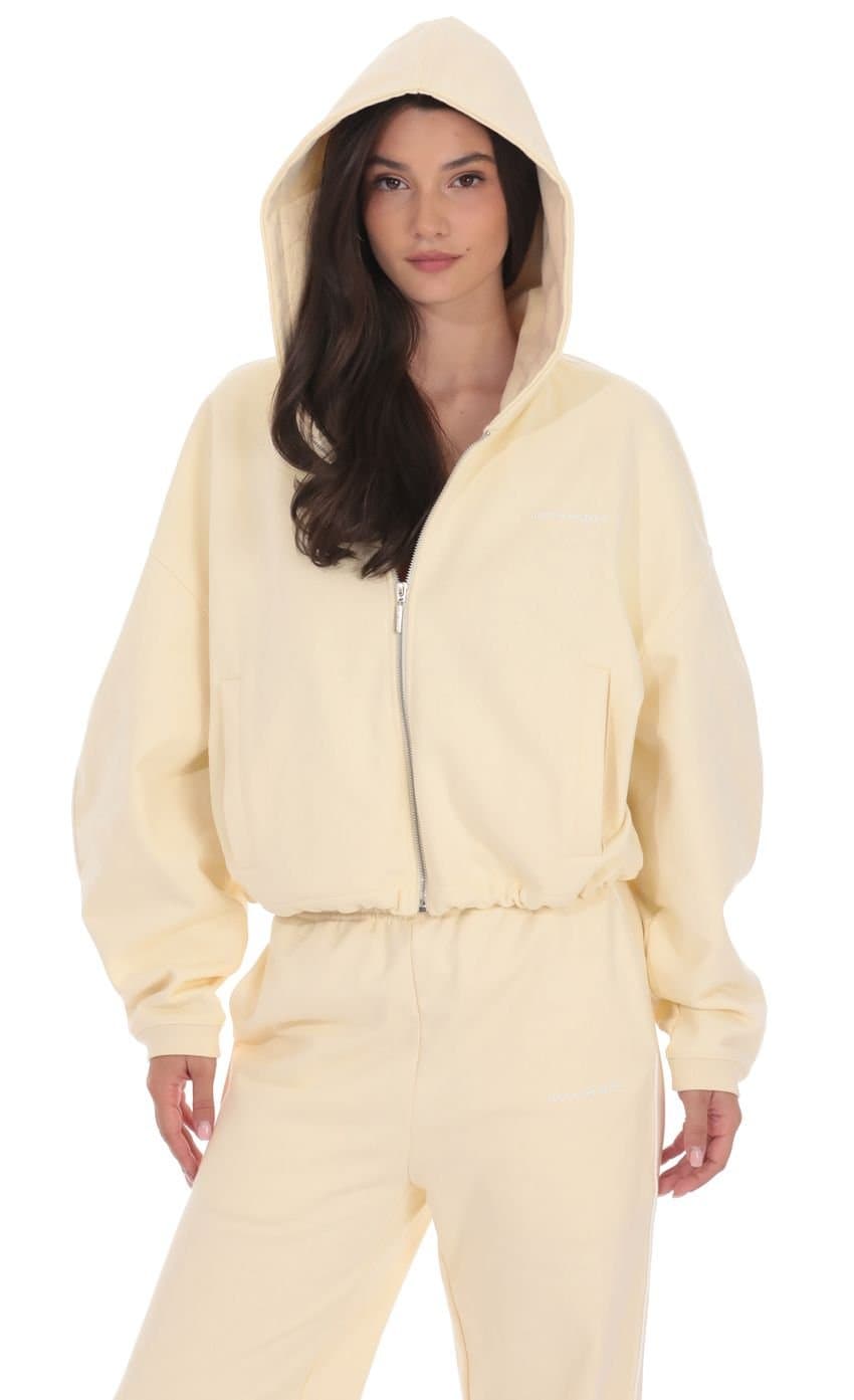 Cropped Cinch Waist Hoodie in Cream