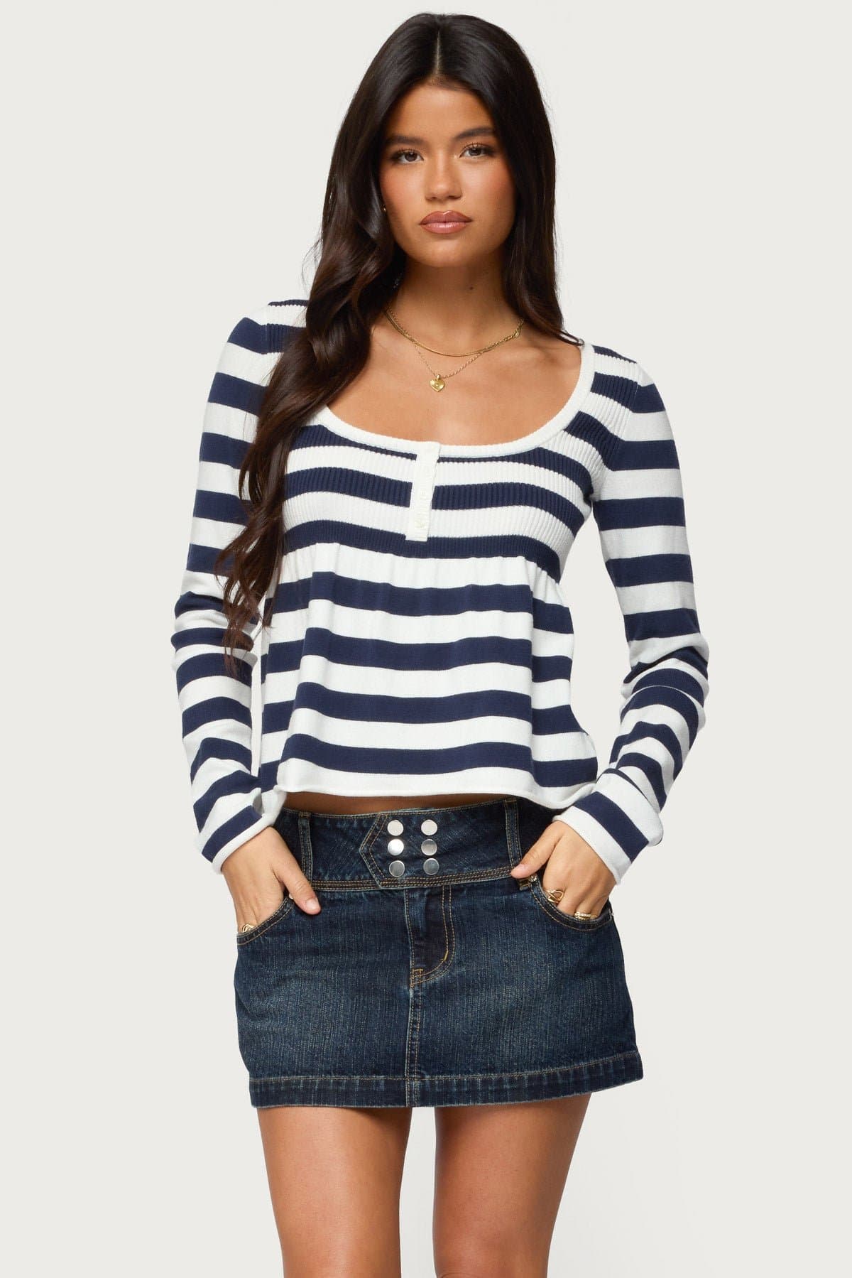 Lockie Striped Knit Babydoll Top - Long Sleeve Scoop Neck Rayon Polyester
