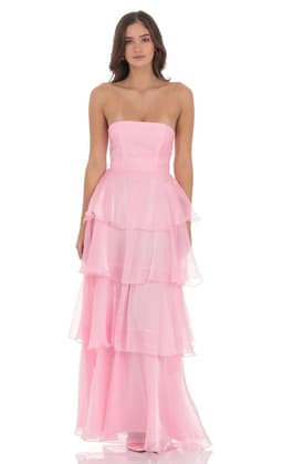 Corset Ruffle Strapless Maxi Dress in Pink