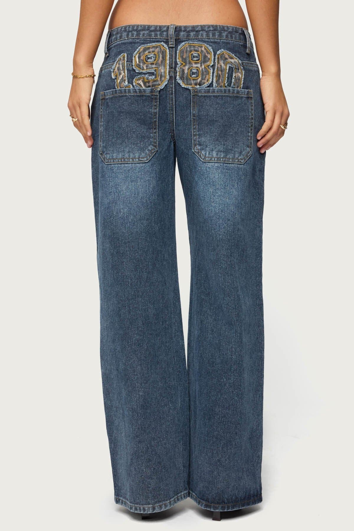1980 Leopard Patch Low Rise Baggy Jeans in Rigid Cotton Denim