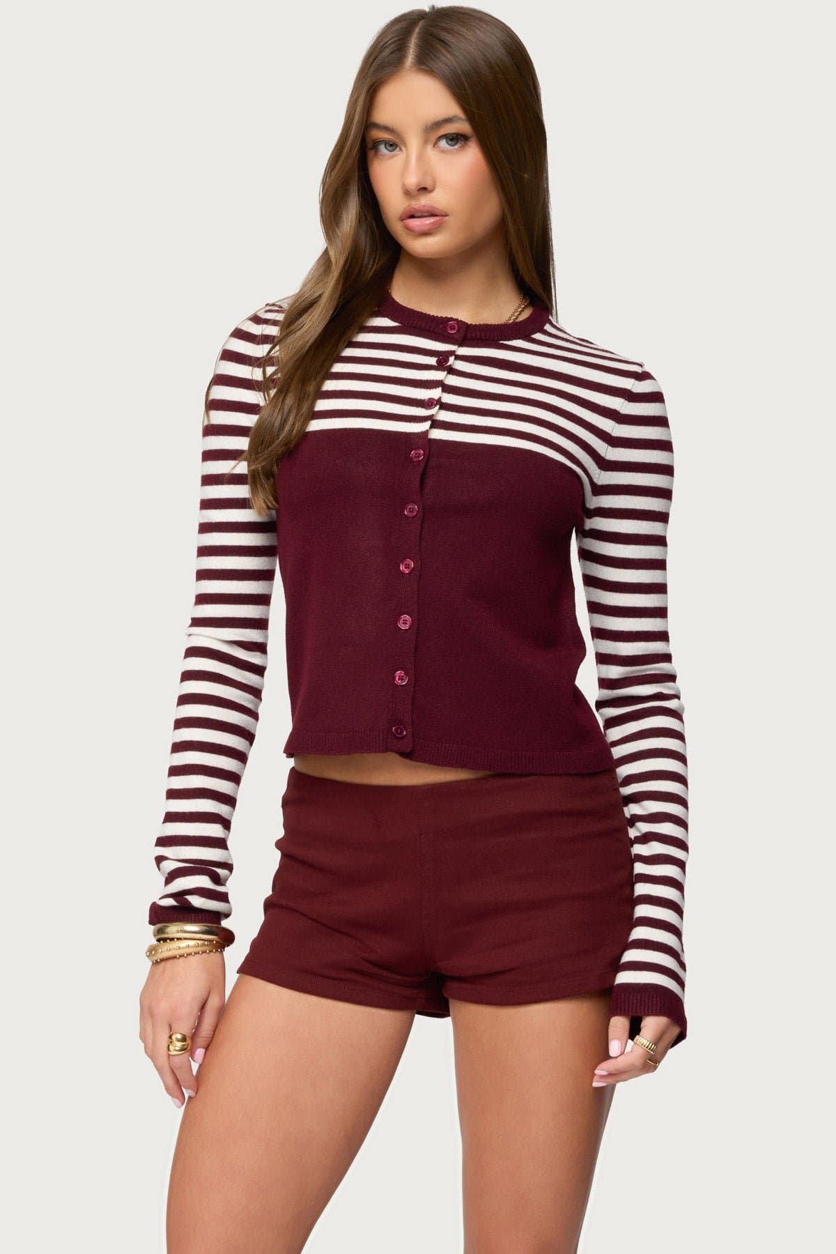 Goni Stripey Knit Cardigan - Striped Polyester Rayon Nylon Knit Sweater