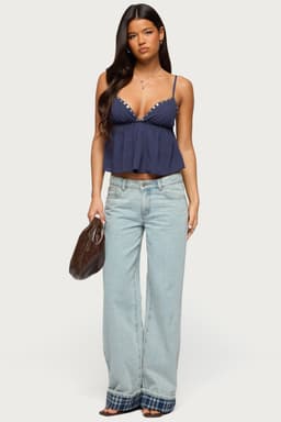 Plaid Cuffed Low Rise Baggy Jeans - Rigid Cotton Polyester Denim