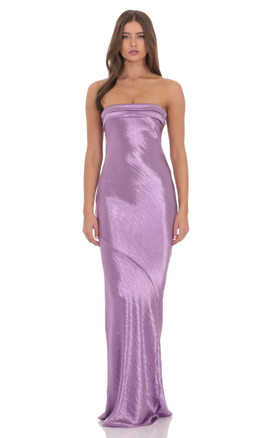 Crinkle Satin Open Back Maxi Dress in Purple