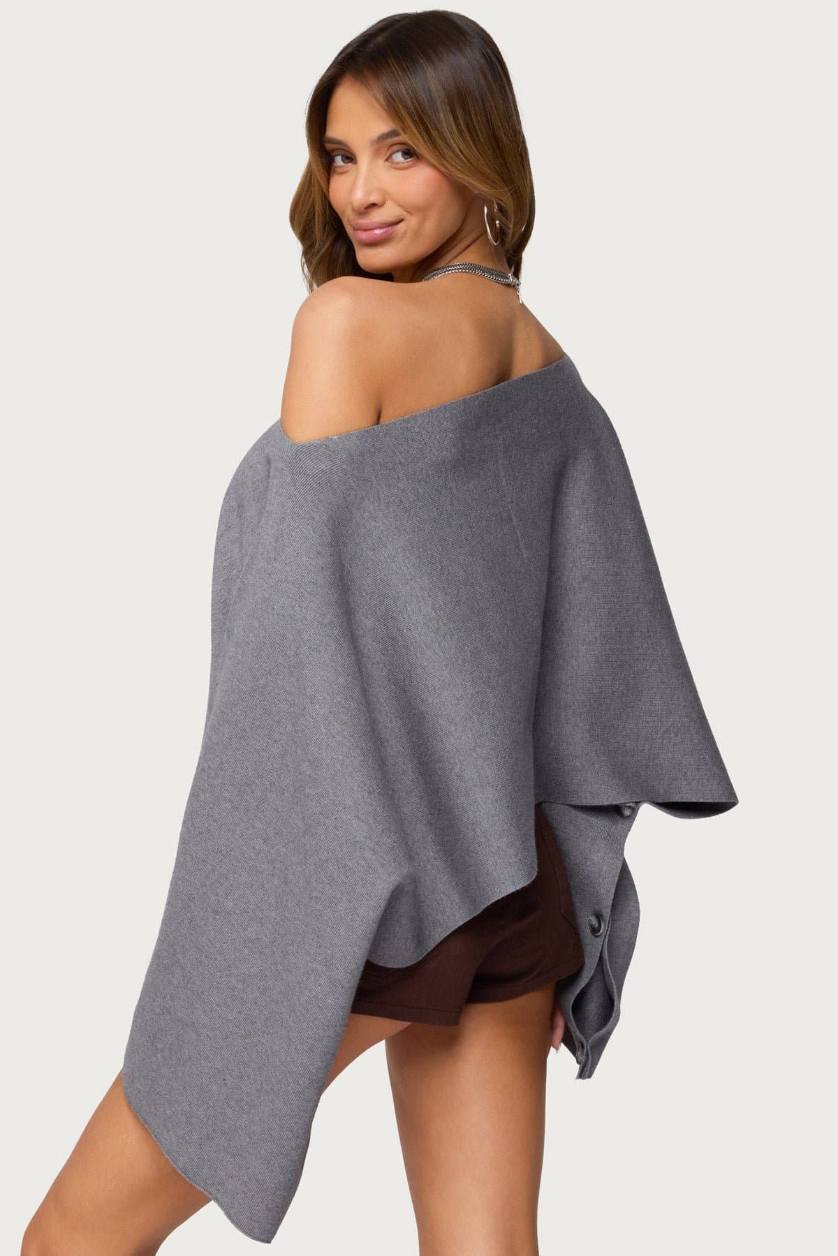 Sharla Off Shoulder Poncho Sweater in Rayon Polyester Nylon Knit Fabric