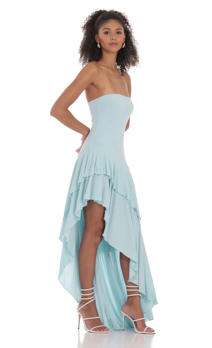 Strapless Ruffle Asymmetrical Maxi Dress in Blue