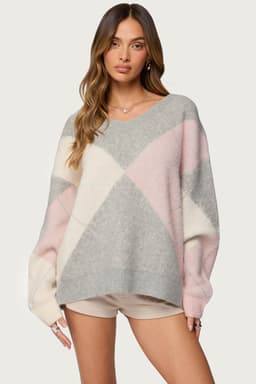 Elda Oversized Argyle Sweater - V-Neck Knit Acrylic Polyester Spandex