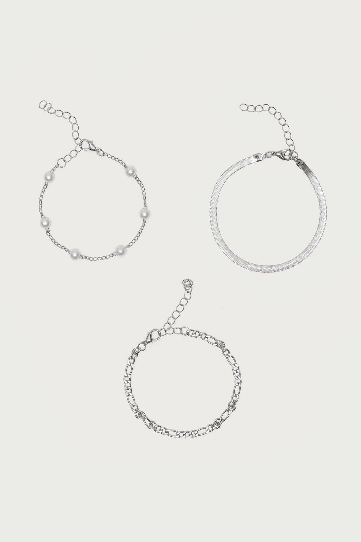 Mixed Chain Bracelets Pack of 3 Silver Tone Metal 7.3 Inch Length