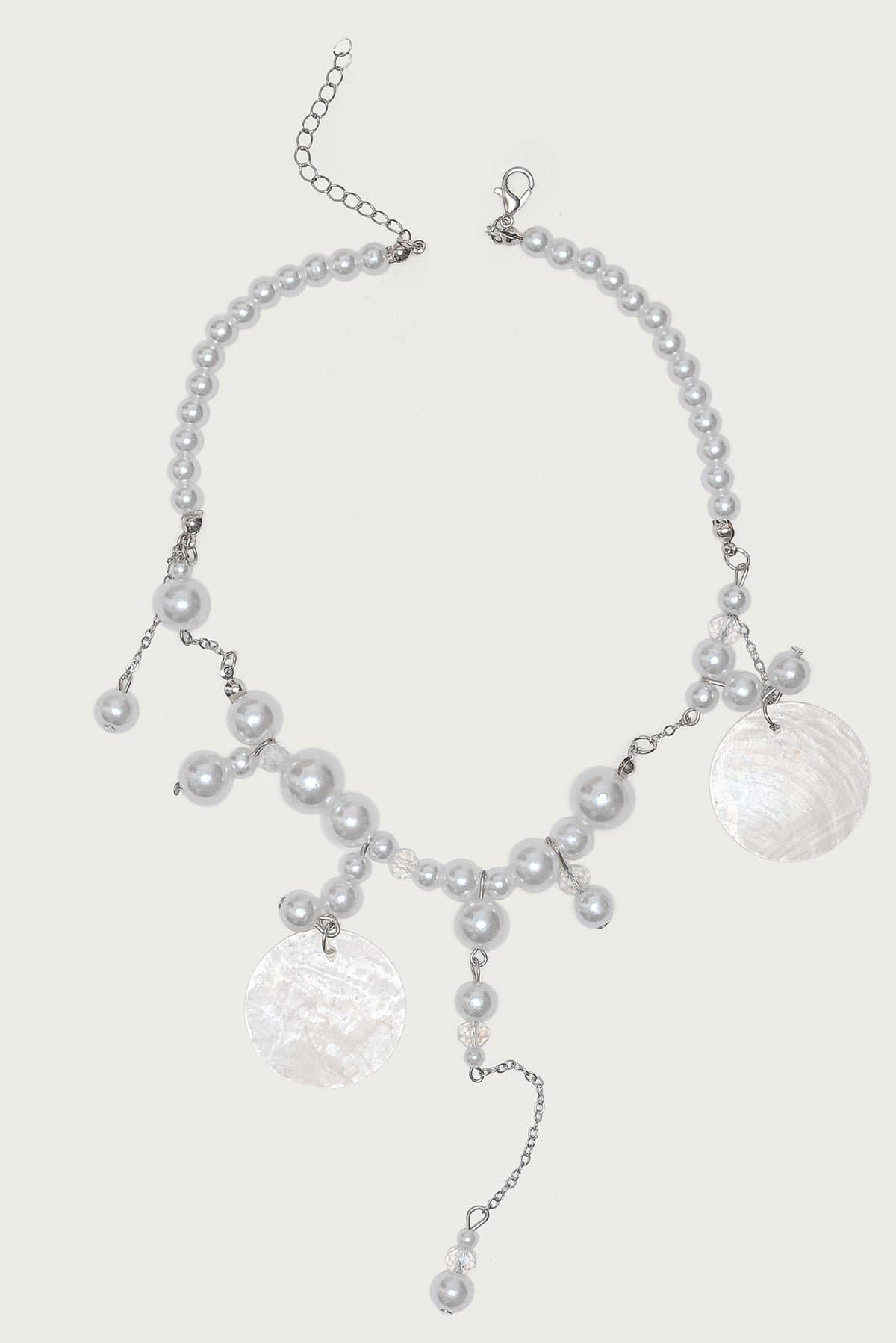 Pearly Pendant Cascading Necklace - Faux Pearl Silver Tone 14.6 Inch