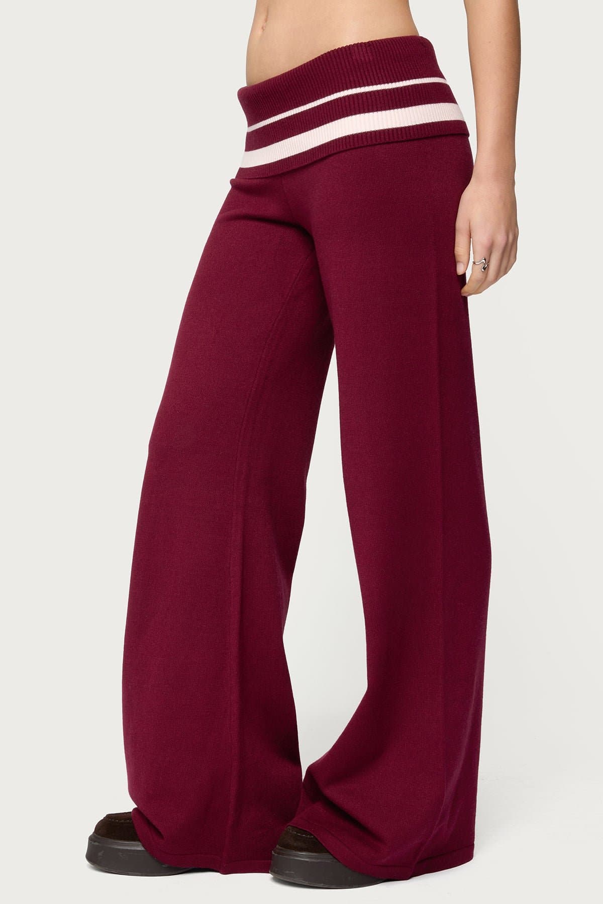 Kaliya Stripey Foldover Knit Flared Pants - Rayon Nylon Polyester Ribbed Striped Waistband