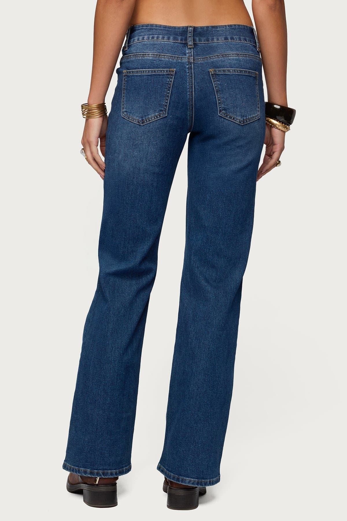 Studded Low Rise Straight Leg Jeans - Stretch Denim Cotton Polyester Spandex