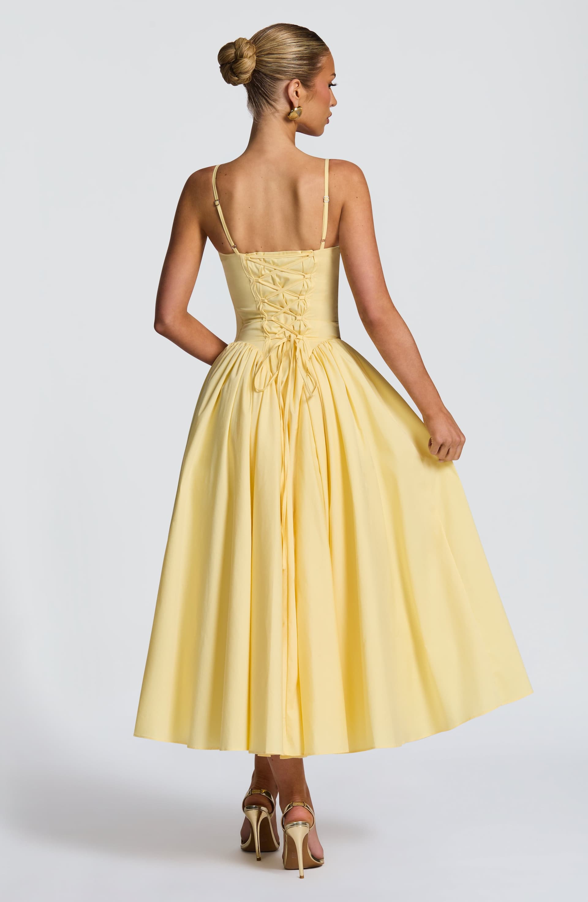 Emerson Midi Dress Lemon Yellow Sweetheart Neckline Lace-Up Back Cotton Nylon Elastane Blend