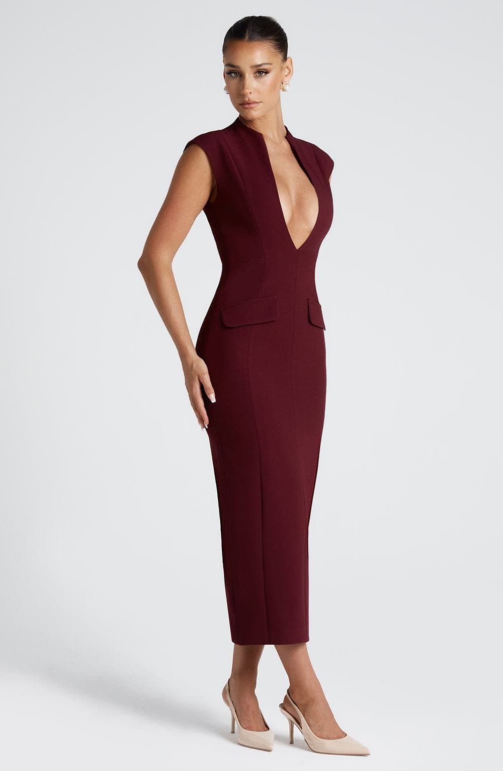 Nellie Midi Dress Cherry Lacquer Non-Stretch Crepe Plunging Neckline Pencil Skirt