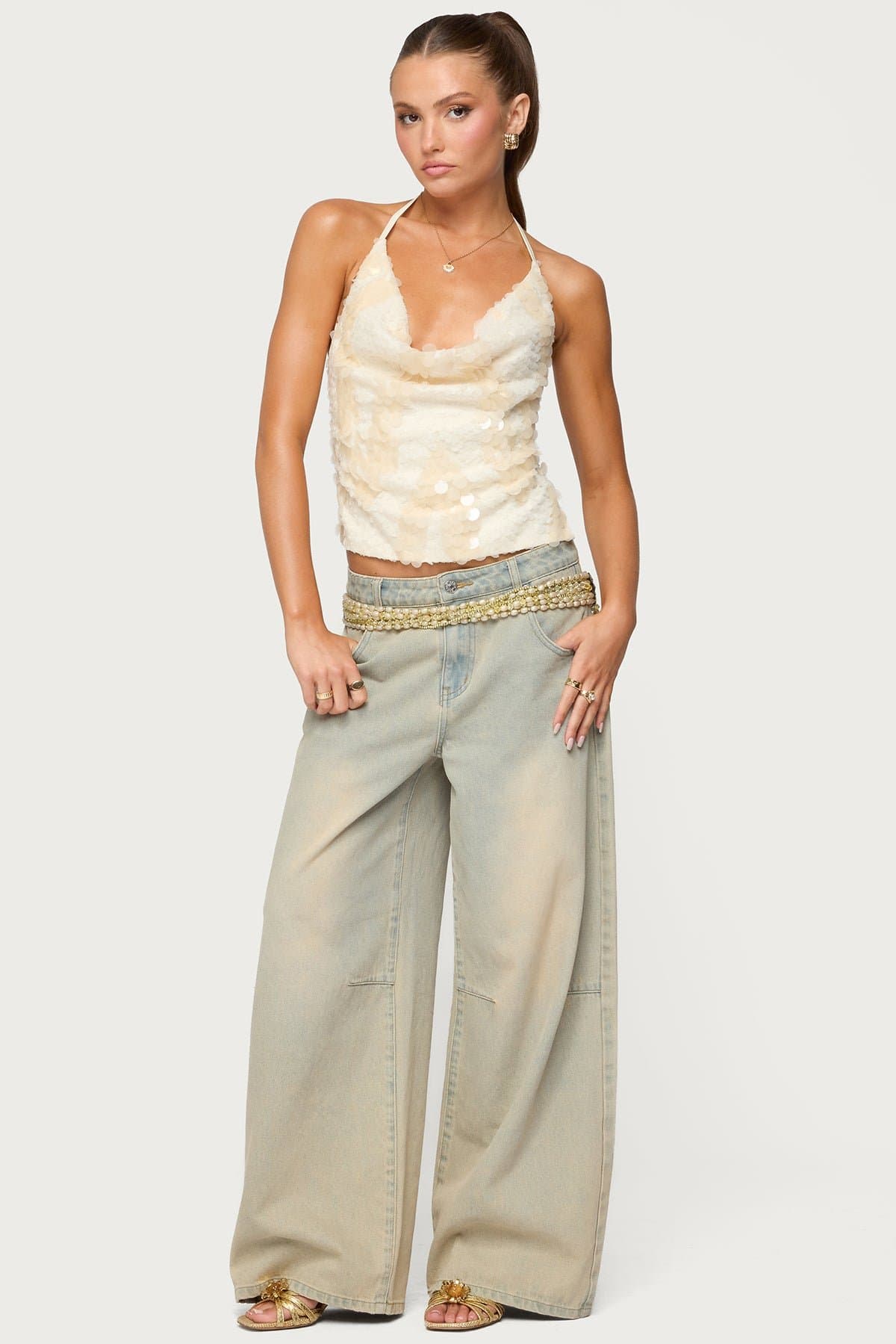 Reid Backless Sequin Cowl Neck Halter Top