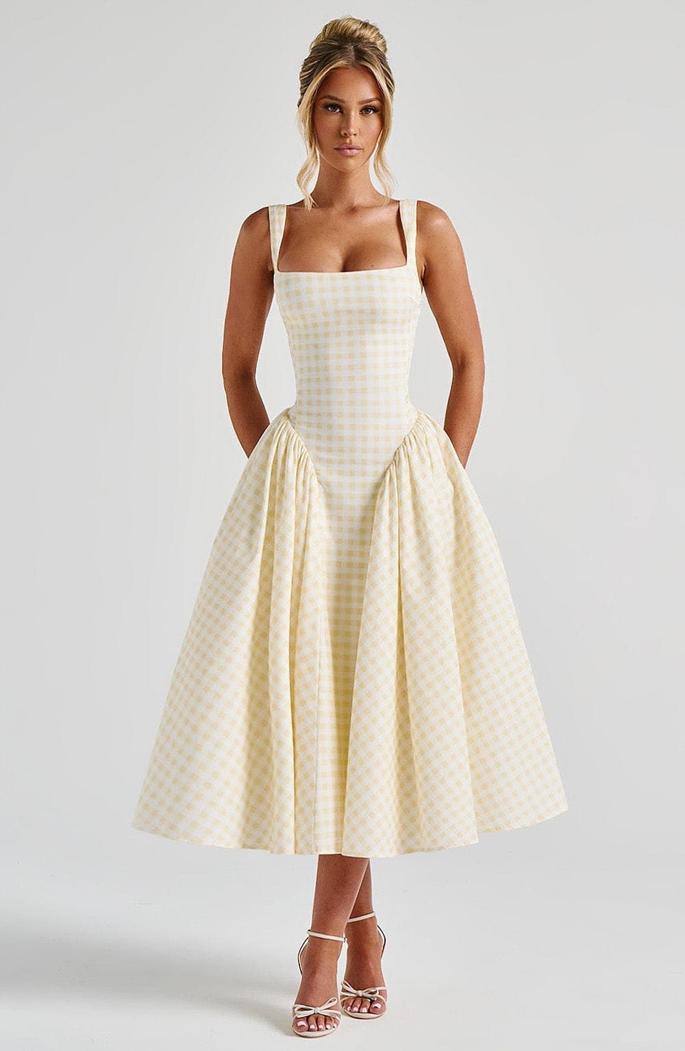 Sherrie Midi Dress in Lemon Gingham Print - Cotton Nylon Elastane Voile