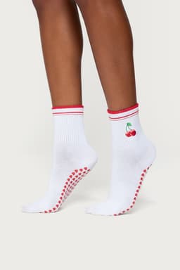 Pilates Cherry Grip Socks - Cotton Polyester Spandex Blend, 10.6 Inch Length