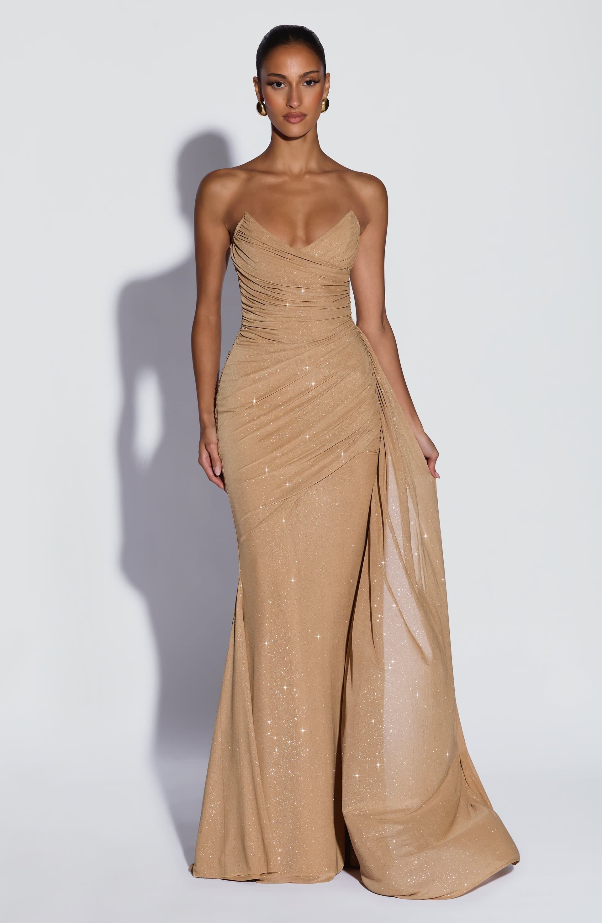 Ashika Maxi Dress Gold Sparkle Glitter Mesh Strapless Plunge Neckline