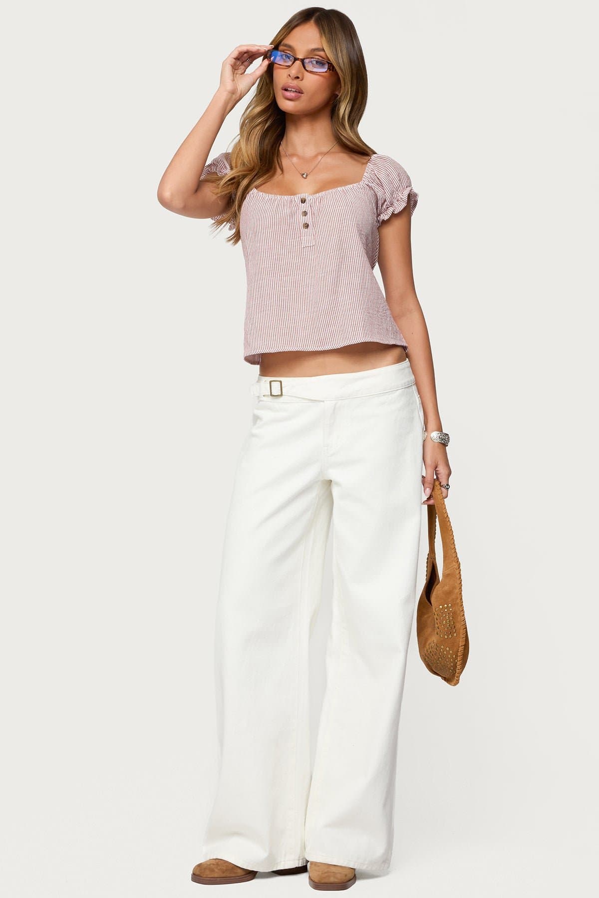 Rhory Pinstripe Babydoll Top - Short Puff Sleeves, Back Tie, Front Buttons, Polyester