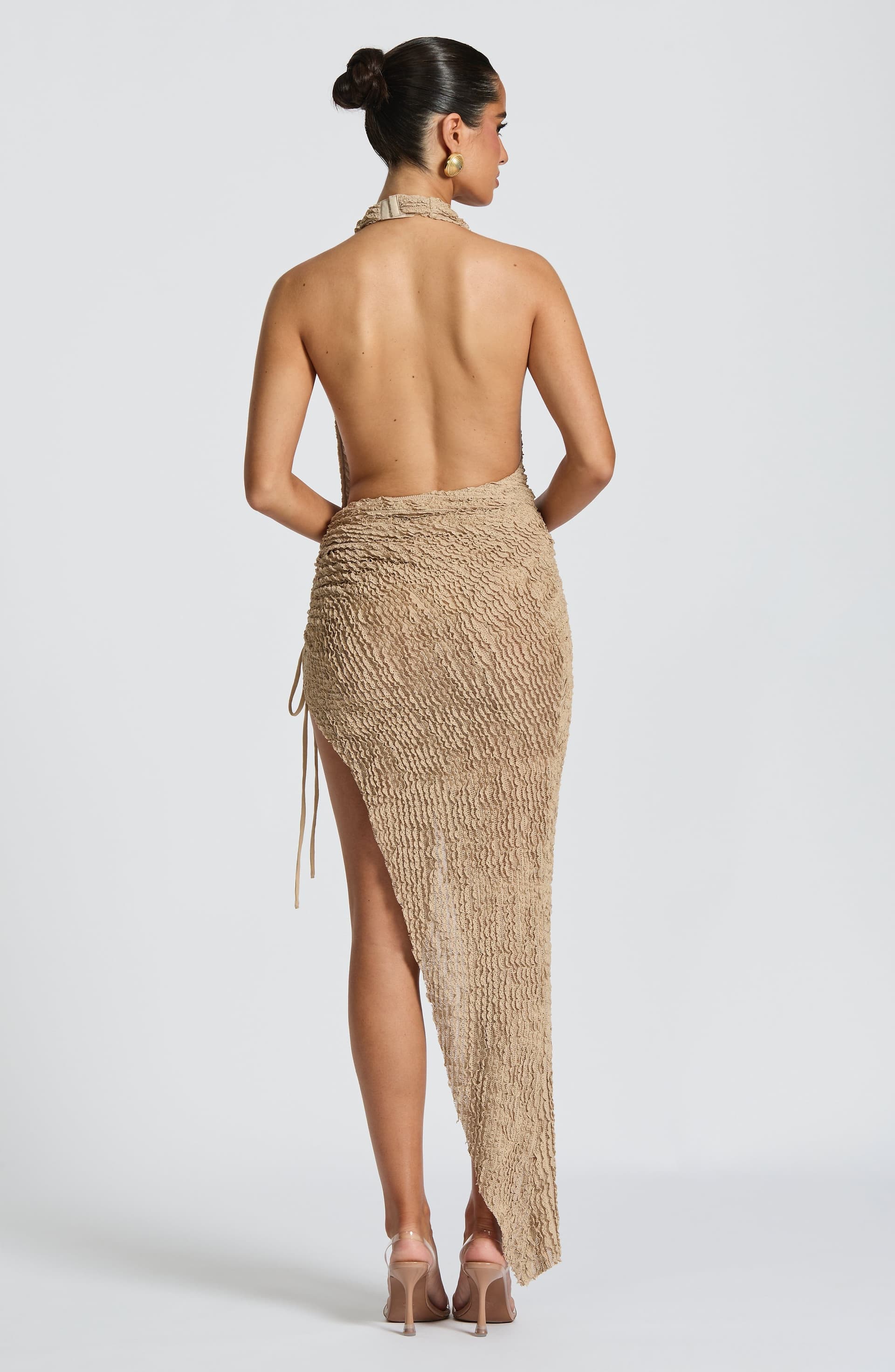 Airla Beige Textured Midi Dress Plunge Cowl Neck Backless Halter Ruched Hip Asymmetric