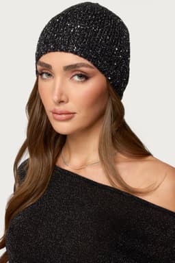 Sequin Knit Beanie Hat - Polyester Acrylic Nylon, Height 9.9in Length 8.7in