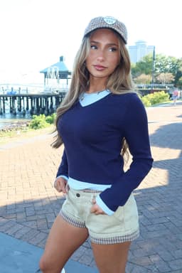 Marthie Layered Knit V-Neck Top - Long Sleeve Polyester Rayon Nylon