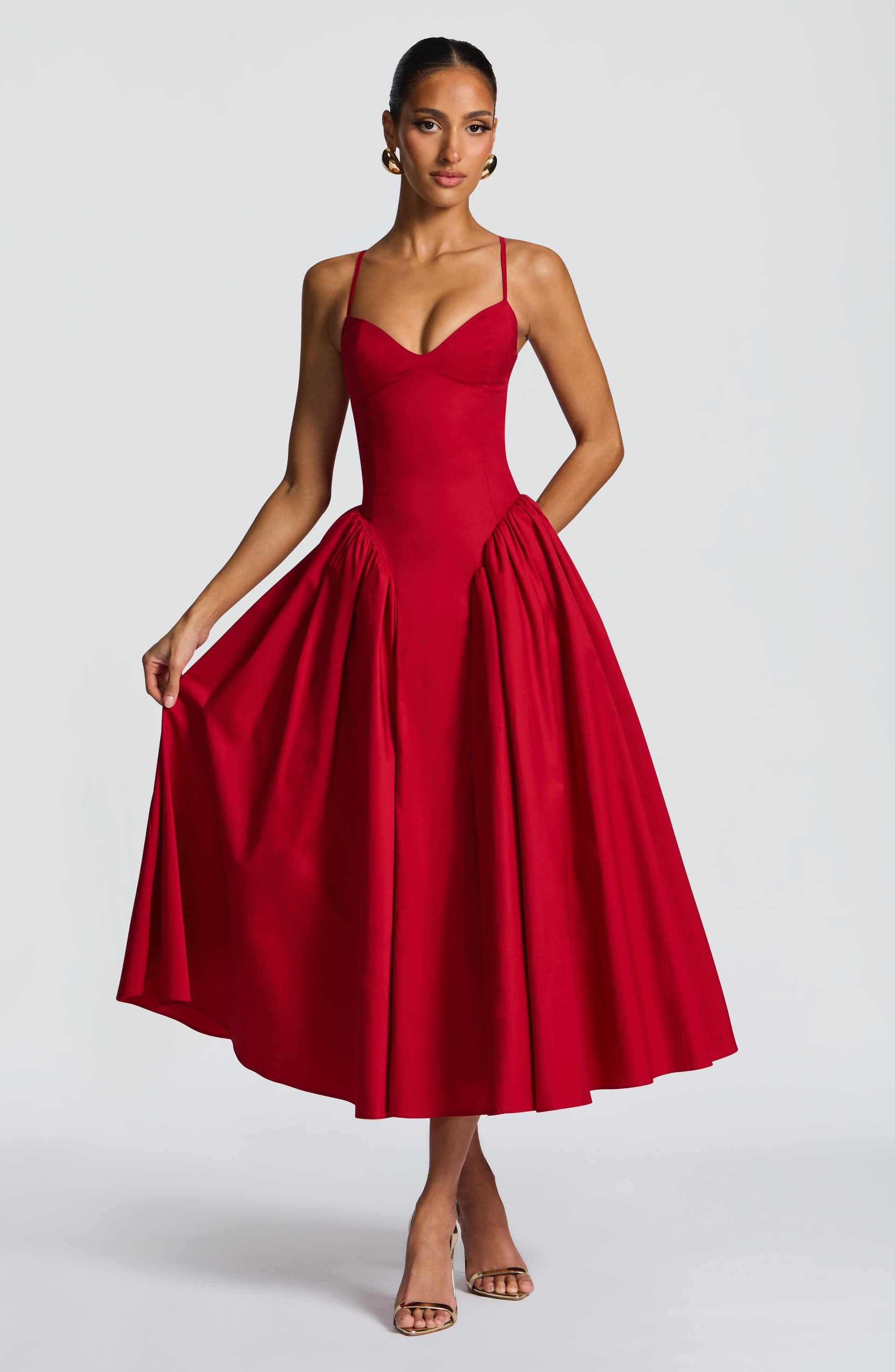 Emerson Midi Dress Red Sweetheart Neckline Lace-Up Back Dropped Waist