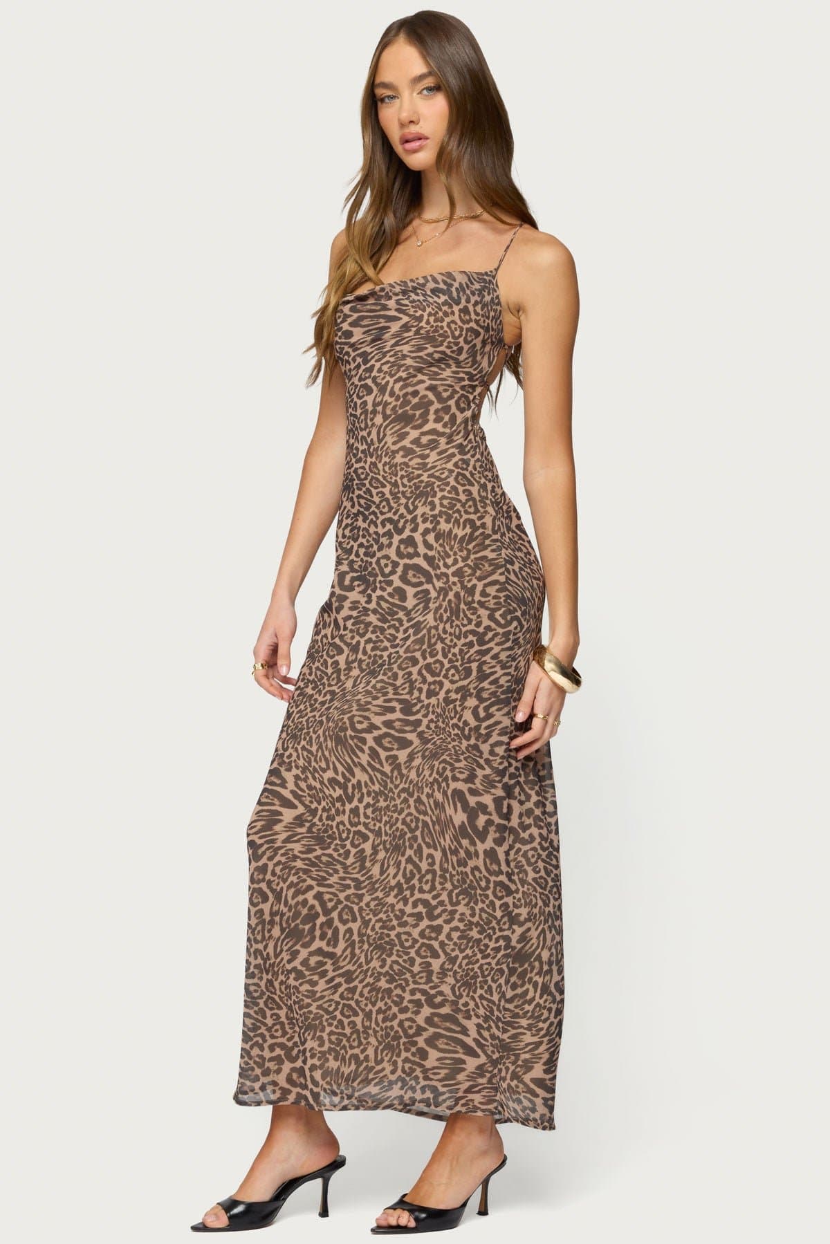 Ayanah Leopard Print Backless Maxi Dress - Cowl Neck Crisscross Tie Polyester