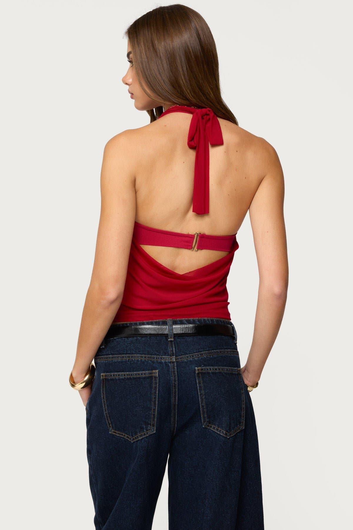 Issey Layered Bandeau Cowl Neck Halter Top in Polyester Spandex