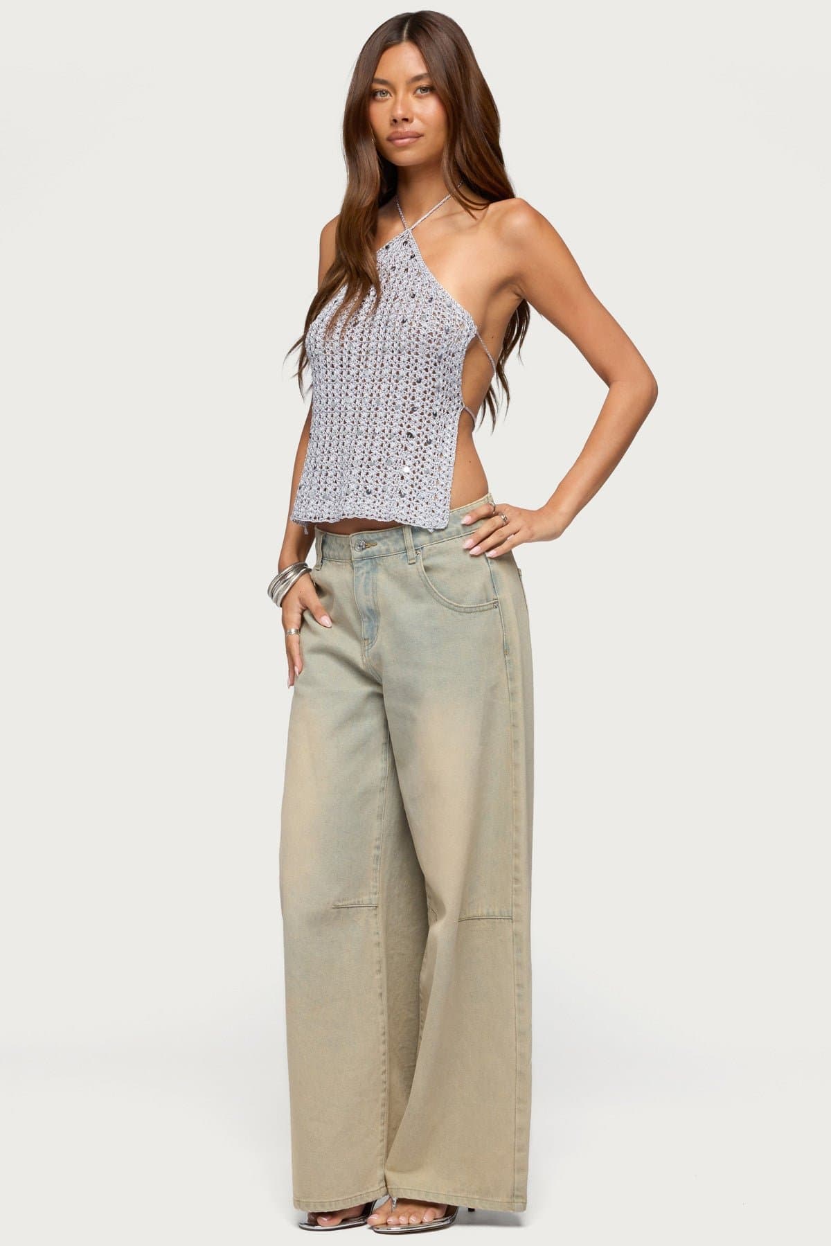 Thaly Backless Sequin Crochet Halter Top - Polyester