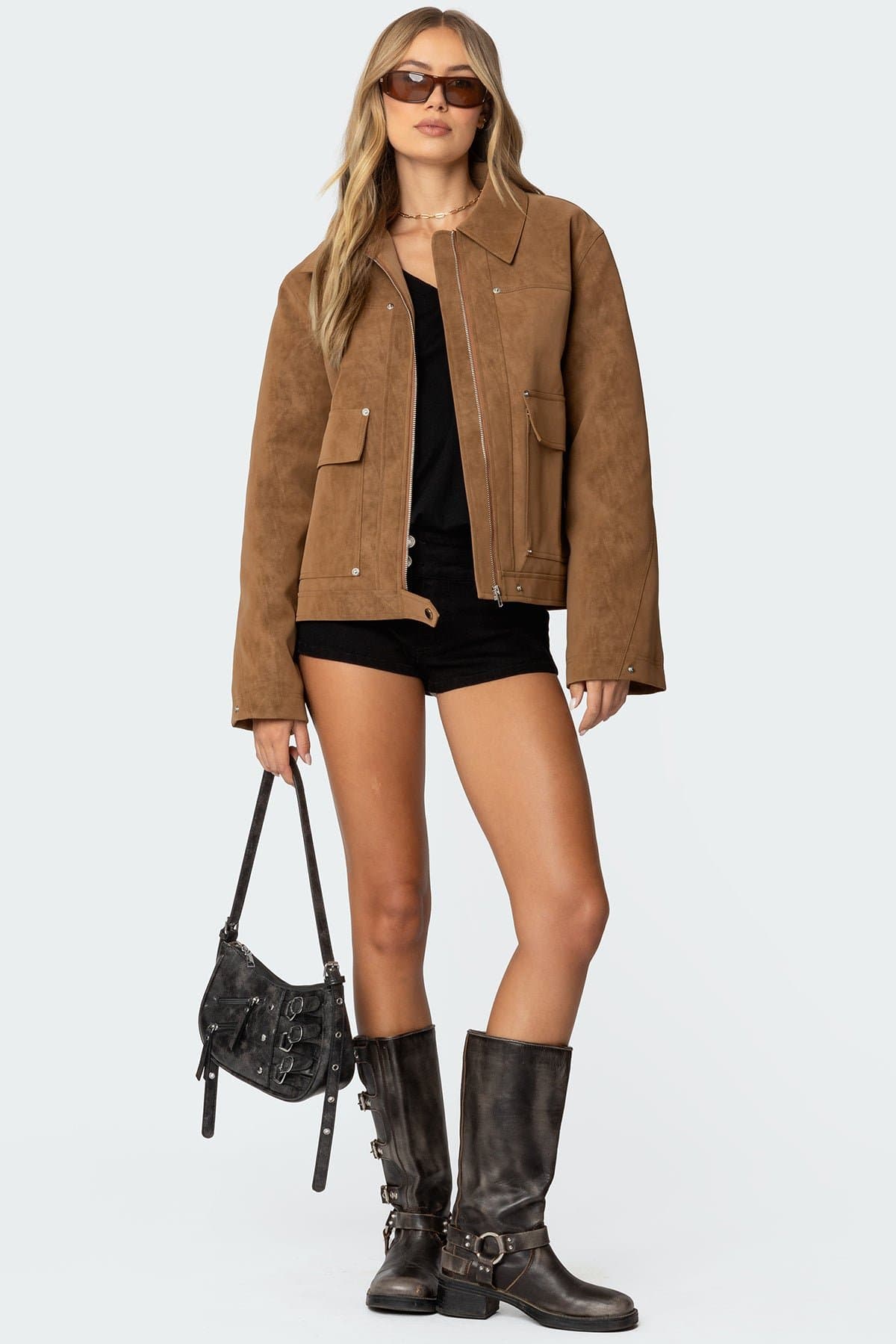 Annabelle Oversized Faux Suede Jacket - Collared Polyurethane Rayon Women's Coat