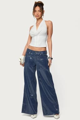 Mirella Sequin Low Rise Baggy Jeans - Rigid Cotton Polyester Denim